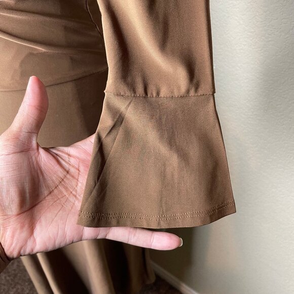 Modbe Chocolate Brown Surplice Wrap Dress Bell Sleeve Ruched Waist Stretchy Midi - Picture 6 of 12